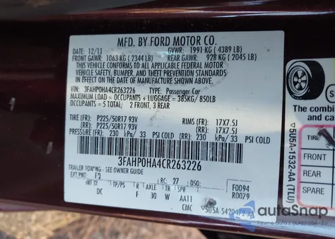 2012 Ford Fusion Se z USA, uszkodzony, nr VIN 3FAHP0HA4CR263226